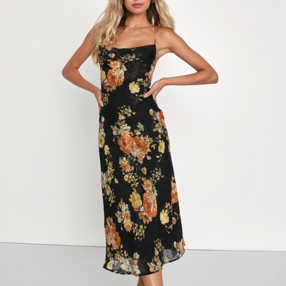 Lulus Petal Prowess Black Floral Print Lace-up Cowl Midi Dress - Size M
